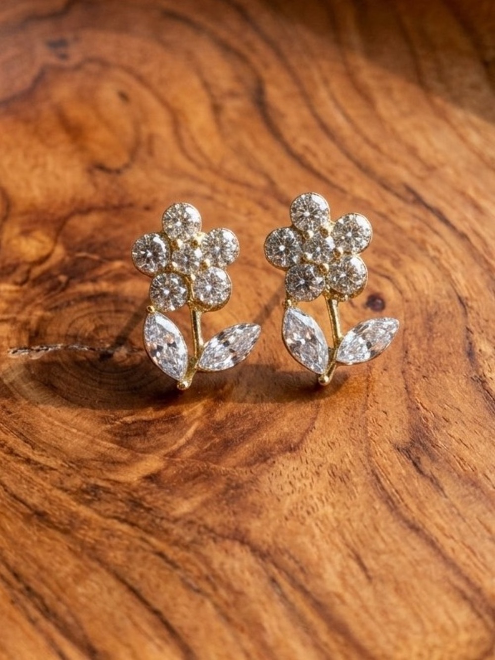 Gold Floral Crystal Stud Earrings - Sparkling Clear Stones